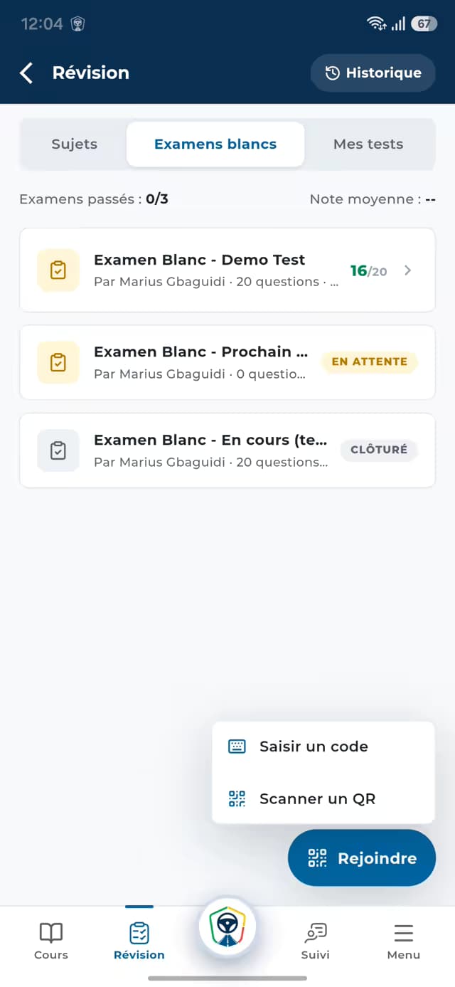Écran Révision — examens blancs