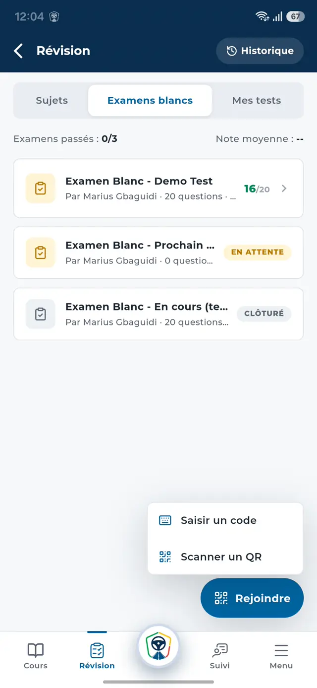 Rejoindre un examen blanc