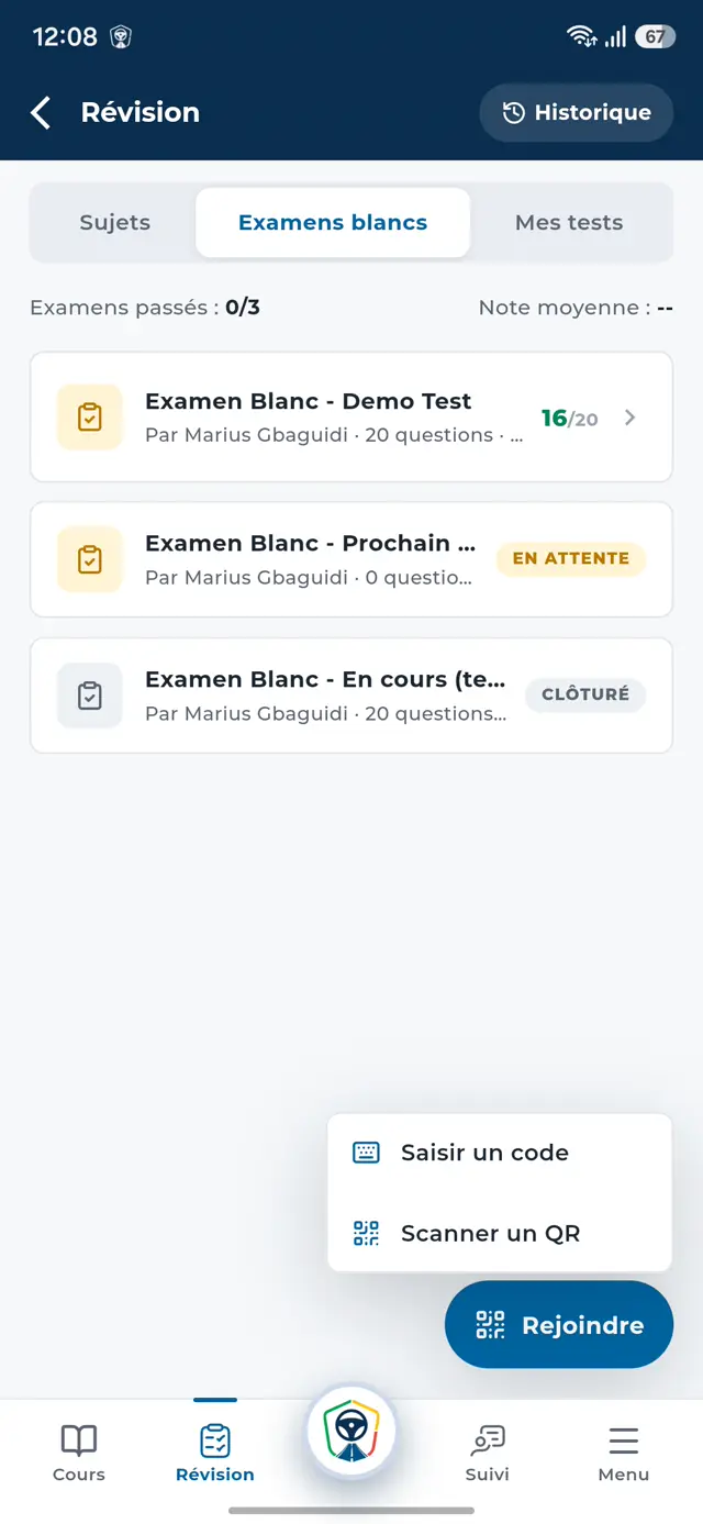 Examens blancs disponibles