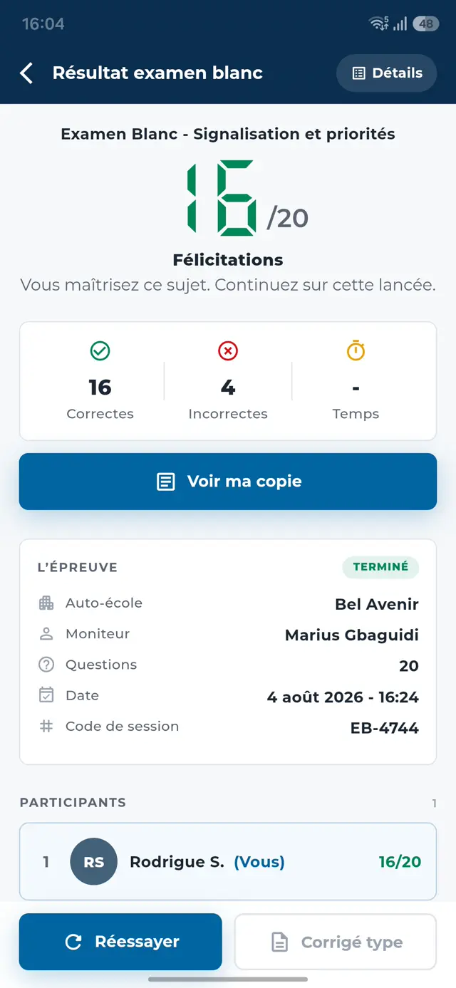 Résultat d'examen blanc