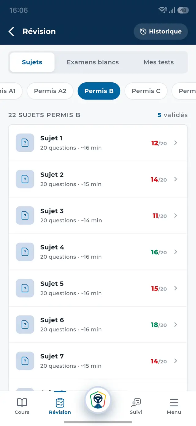 Progression sur les sujets