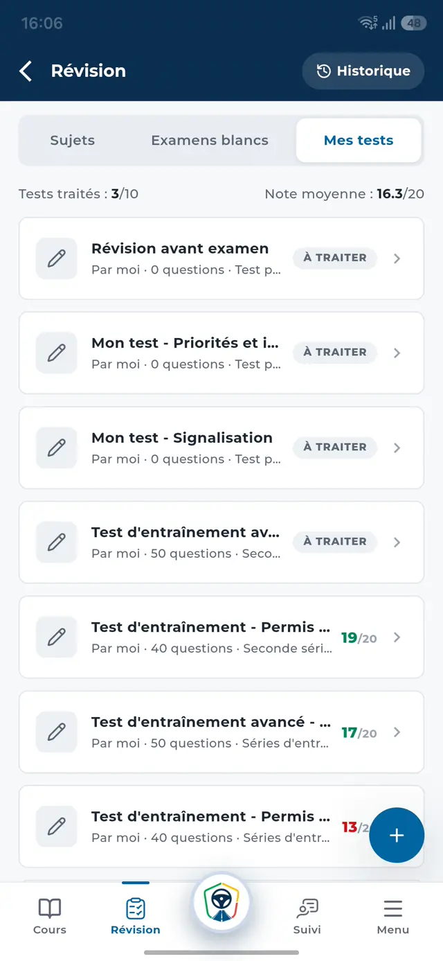 Progression sur mes tests